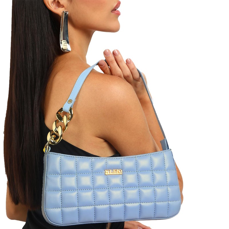KLEIO Vegan Quilted Shoulder Sling Bag for Women/Girls - Turquoise - Image 2